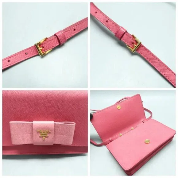 PRADA Saffiano Pink Bow Leather Shoulder Bag 390-020125 - Picture 8 of 12